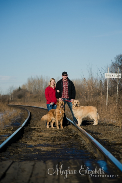Photo of a couple with their dogs on a traintrack