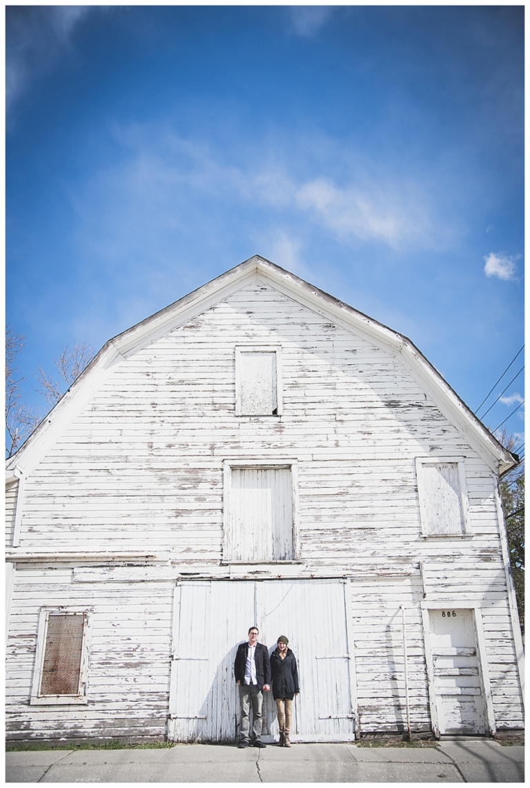 Inglewood Couple Engagement Photos by a white barn